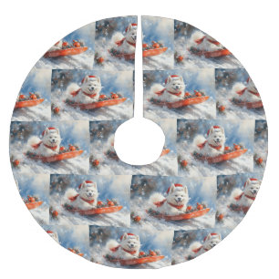 Samojede-Hund im Schlitten Lass es schneien Weihna Polyester Weihnachtsbaumdecke
