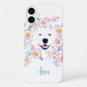 Samojede Hund und rosa Blumen, benutzerdefinierter iPhone 16 Plus Hülle