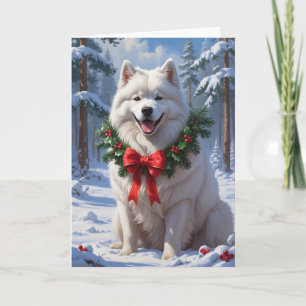 Samojede im Schnee mit Weihnachtskränzen Winterkun Karte
