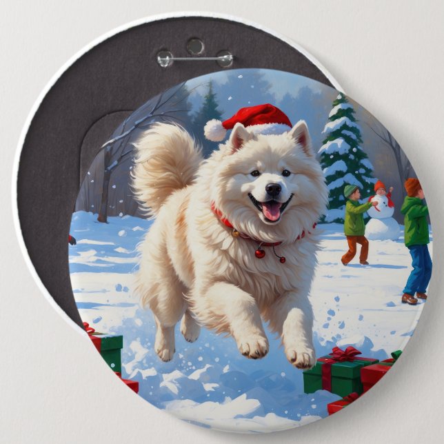 Samojede läuft im Schnee mit Weihnachtsmütze Button (Vorne & Hinten)