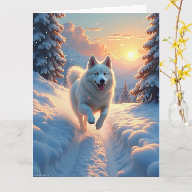 Samojede Schneebedeckte Bergabenteuer Weihnachten Karte (Gelbe Blume)