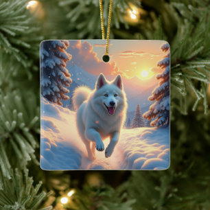 Samojede Schneebedeckte Bergabenteuer Weihnachten Keramikornament