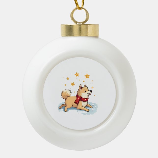 Samojede Schneeengel Keramik Kugel-Ornament (Vorderseite)
