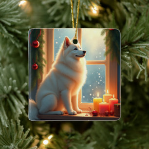 Samojede unter dem Mistelzweig Weihnachtsbild Keramikornament