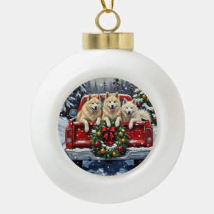 Samojede Weihnachten Rotes Lastwagen Ferien Keramik Kugel-Ornament