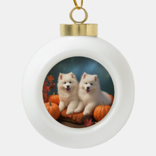 Samojede Welpe Herbstfreude Kürbis Keramik Kugel-Ornament