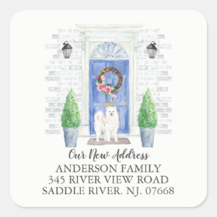 Samoyed Blue Door New Address Label Quadratischer Aufkleber