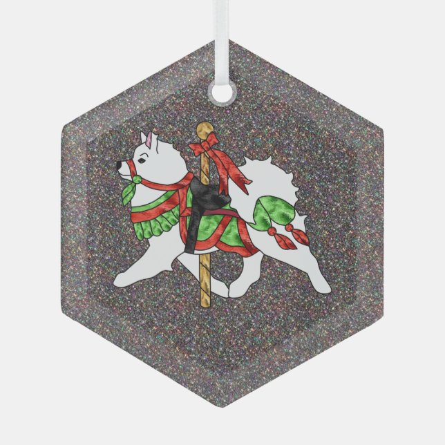 Samoyed Carousel Horse Glass Hexagonal Ornament BK Aus Glas (Vorderseite)
