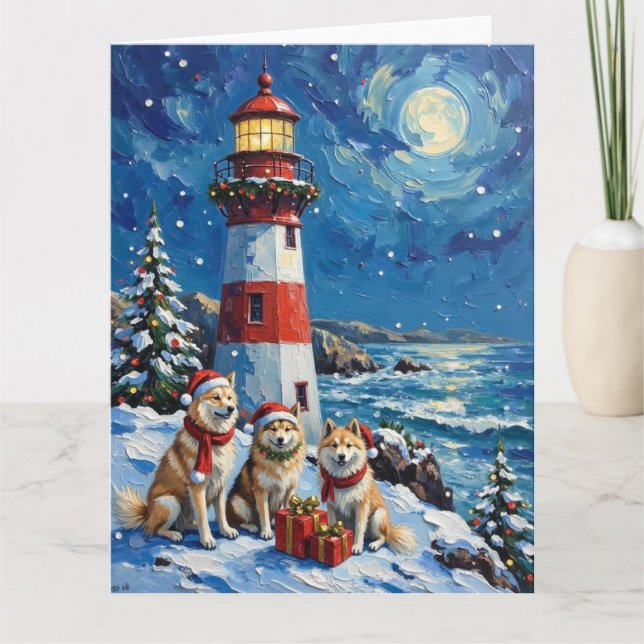 Samoyed Christmas Lighthouse Holiday Karte (Vorderseite)