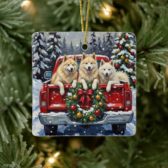 Samoyed Christmas Red Truck Holiday Keramikornament (Baum)