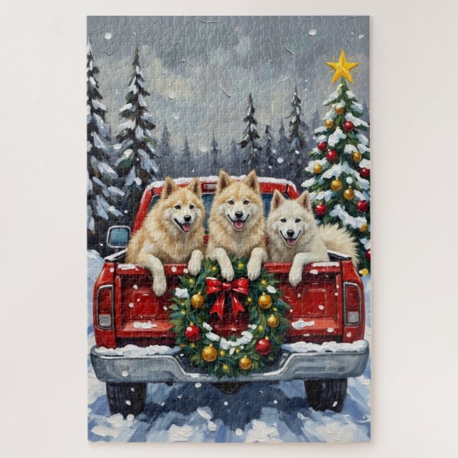 Samoyed Christmas Red Truck Holiday Puzzle (Vertikal)