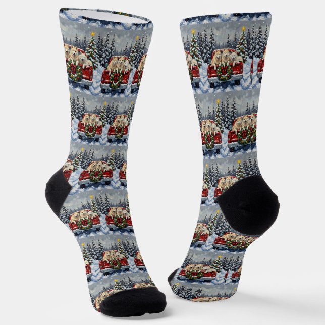 Samoyed Christmas Red Truck Holiday Socken (Gewinkelt)