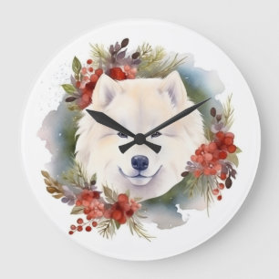 Samoyed Christmas Wreath Festivals Große Wanduhr