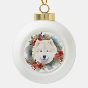 Samoyed Christmas Wreath Festivals Keramik Kugel-Ornament