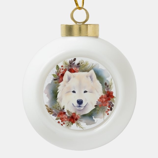 Samoyed Christmas Wreath Festivals Keramik Kugel-Ornament (Vorderseite)