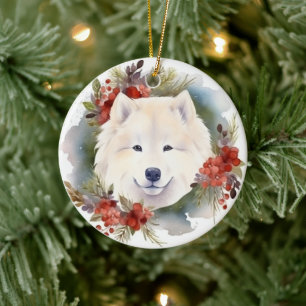Samoyed Christmas Wreath Festivals Keramik Ornament