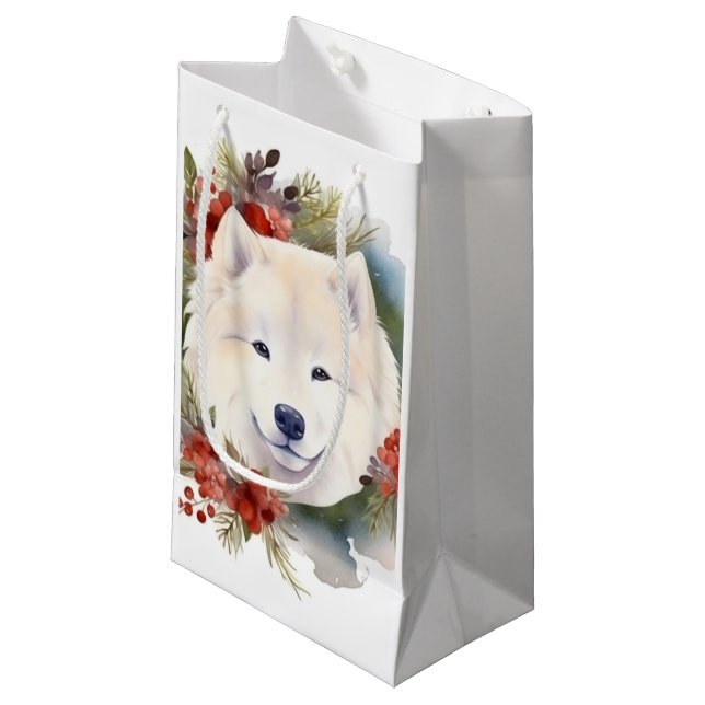 Samoyed Christmas Wreath Festivals Kleine Geschenktüte (Vorderseite Schrägansicht)