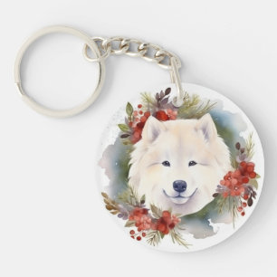 Samoyed Christmas Wreath Festivals Schlüsselanhänger