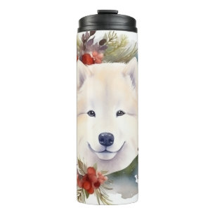 Samoyed Christmas Wreath Festivals Thermosbecher