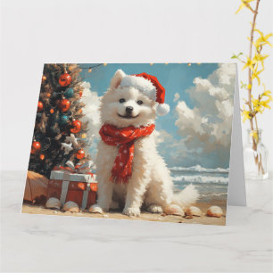 Samoyed Dog Christmas Vintag Beach Karte