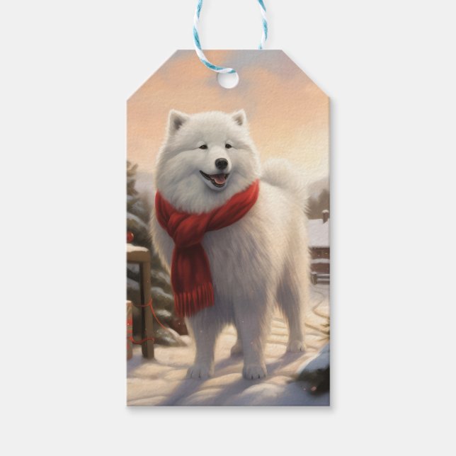 Samoyed Dog in Schneehochweihen Geschenkanhänger (Vorderseite)
