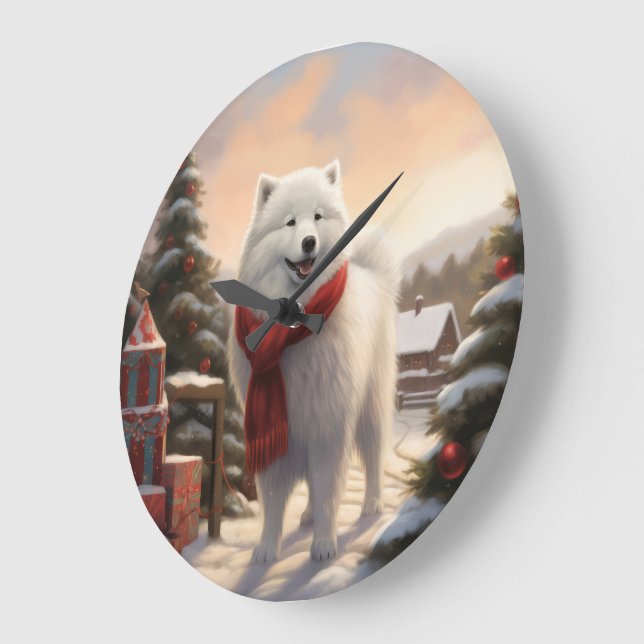 Samoyed Dog in Schneehochweihen Große Wanduhr (Winkel)