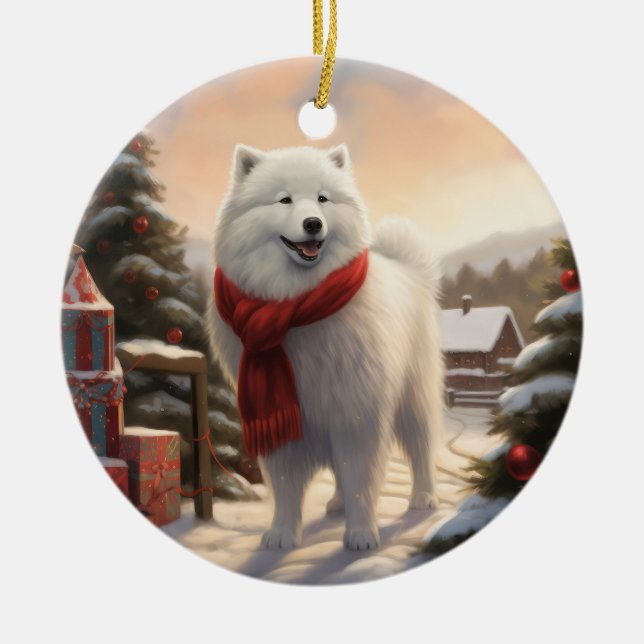 Samoyed Dog in Schneehochweihen Keramik Ornament (Vorne)