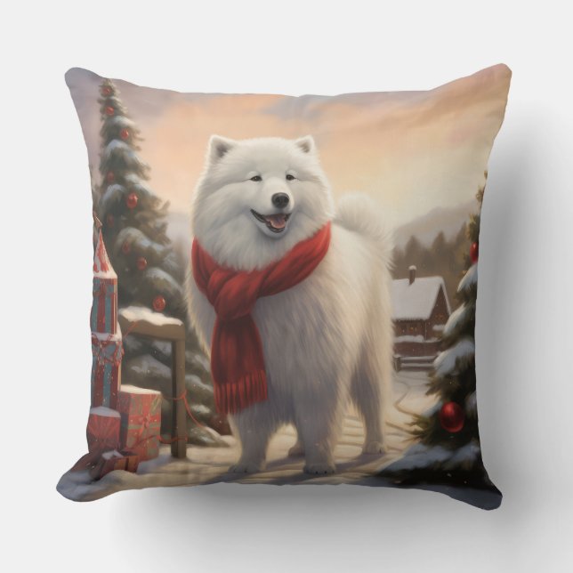Samoyed Dog in Schneehochweihen Kissen (Vorderseite)