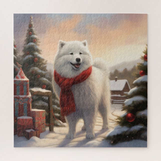 Samoyed Dog in Schneehochweihen Puzzle (Vertikal)