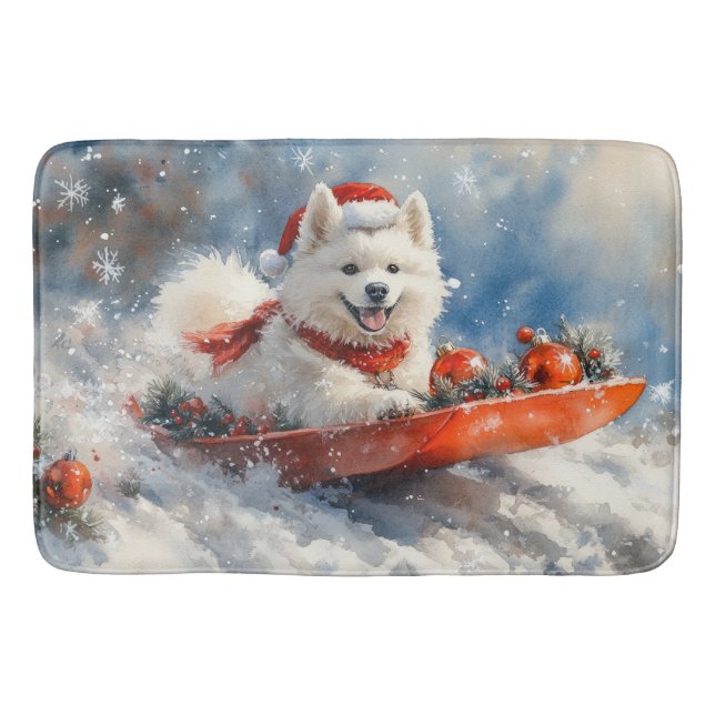 Samoyed Dog in Sledge Let it Snow Christmas Badematte (Vorderseite)
