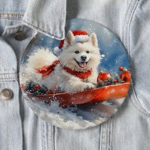 Samoyed Dog in Sledge Let it Snow Christmas Button