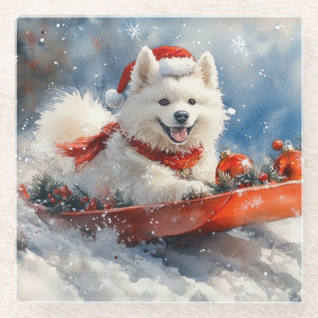 Samoyed Dog in Sledge Let it Snow Christmas Glasuntersetzer (Vorderseite)