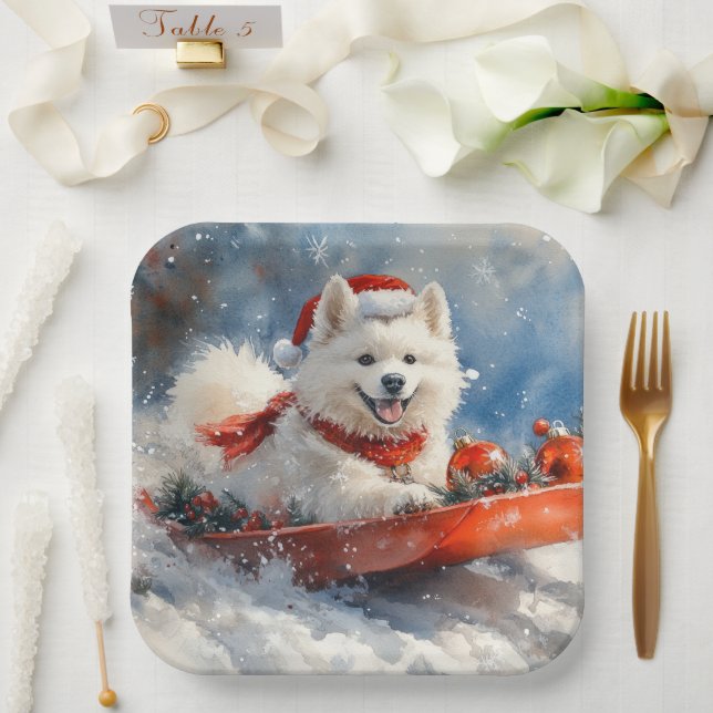 Samoyed Dog in Sledge Let it Snow Christmas Pappteller (Hochzeit)