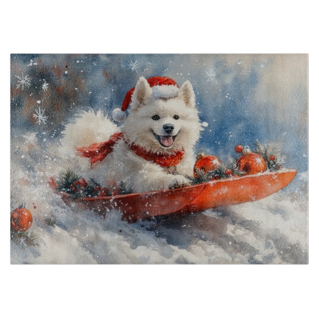 Samoyed Dog in Sledge Let it Snow Christmas Schneidebrett (Vorderseite)