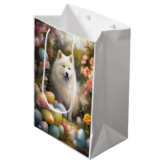 Samoyed Dog mit Ostereier Urlaub Mittlere Geschenktüte (Vorderseite Schrägansicht)