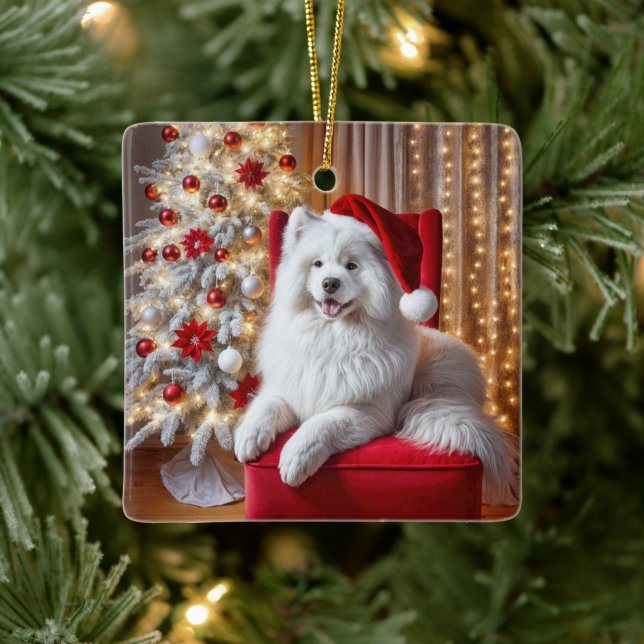 Samoyed Dog mit Santa Claus Hat Keramikornament (Baum)
