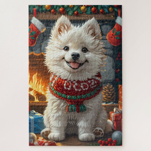 Samoyed Dog mit Weihnachtsgeschenke Kamin Puzzle (Vertikal)