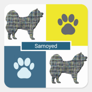 Samoyed Dog & Paw Y&B Grid Quadratischer Aufkleber