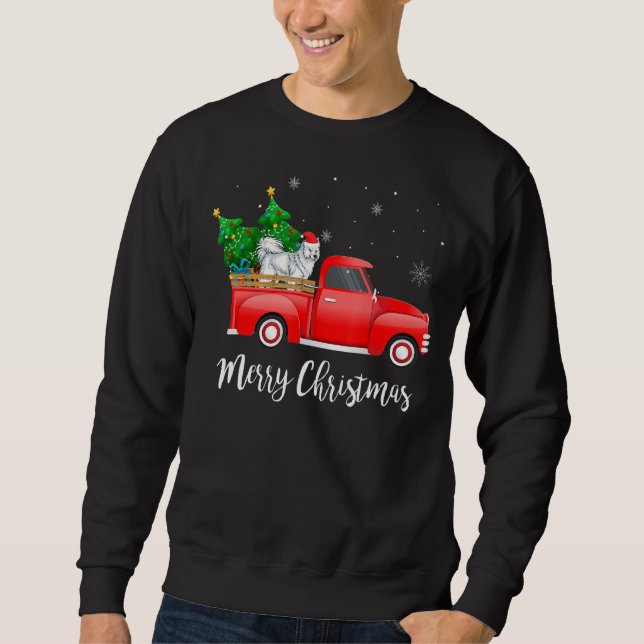 Samoyed Dog Riding Red Truck Weihnachten Sweatshirt (Vorderseite)