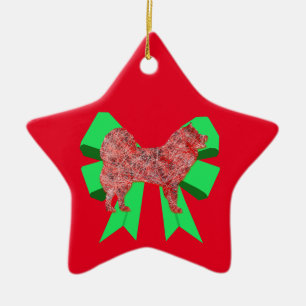 Samoyed Dog Silhouette Green Bow Weihnachten Keramik Ornament