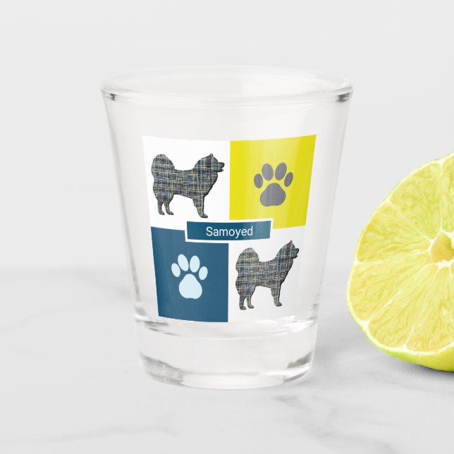 Samoyed Dog Silhouette & Paw Y&B Grid Schnapsglas (Vorderseite)