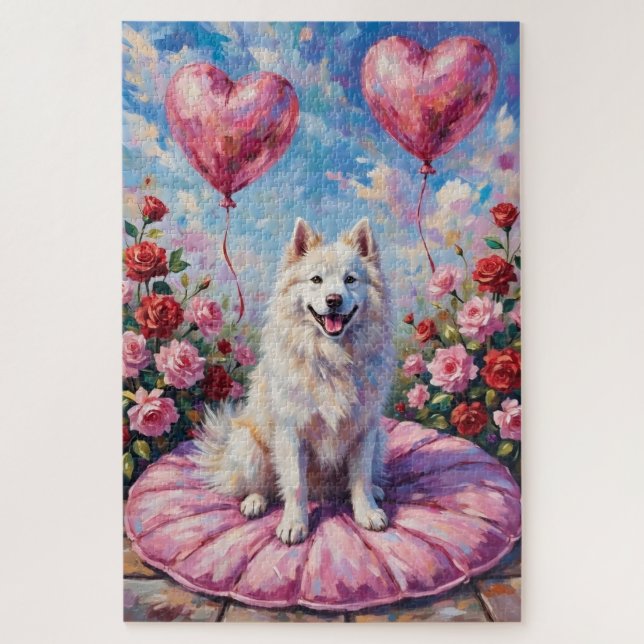 Samoyed Dog Valentine's Day Rose Picnic Puzzle (Vertikal)