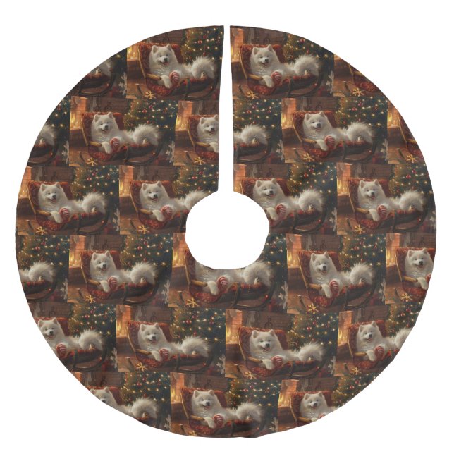 Samoyed Dog Weihnachtsfest Polyester Weihnachtsbaumdecke (Vorderseite)