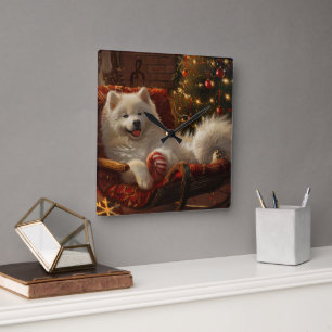 Samoyed Dog Weihnachtsfest Quadratische Wanduhr