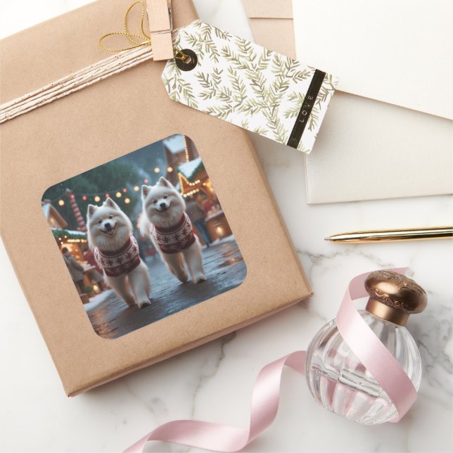 Samoyed Dogs Christmas Snow Holiday Quadratischer Aufkleber (Schenken)