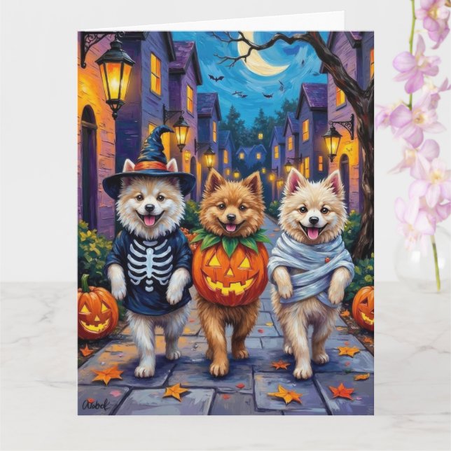 Samoyed Dogs Trick-or-Treating Halloween Costumes Karte (Orchidee)