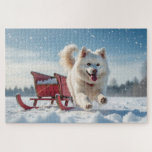 Samoyed Festivals Weihnachten Puzzle<br><div class="desc">Dieses festliche Design besticht durch den fröhlichen Geist der Urlaubssaison,  mit einem zauberhaften Hund. In einem Winterwunderland eingebettet,  mit einem geschmückten Weihnachtsbaum und wunderschön verpackten Geschenken. Schneeflocken fallen sanft ab und geben der Szene eine magische Touch,  während die lebhaften Farben der Feriendekorationen eine warme und fröhliche Atmosphäre schaffen.</div>