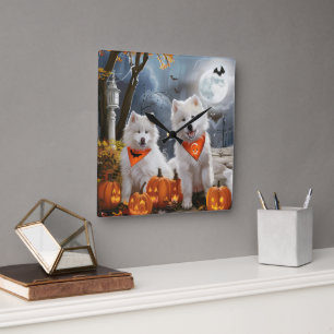 Samoyed Halloween Spooky Quadratische Wanduhr