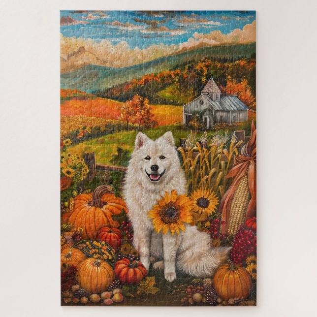 Samoyed Hund Herbst Ernte Erntedank Puzzle (Vertikal)