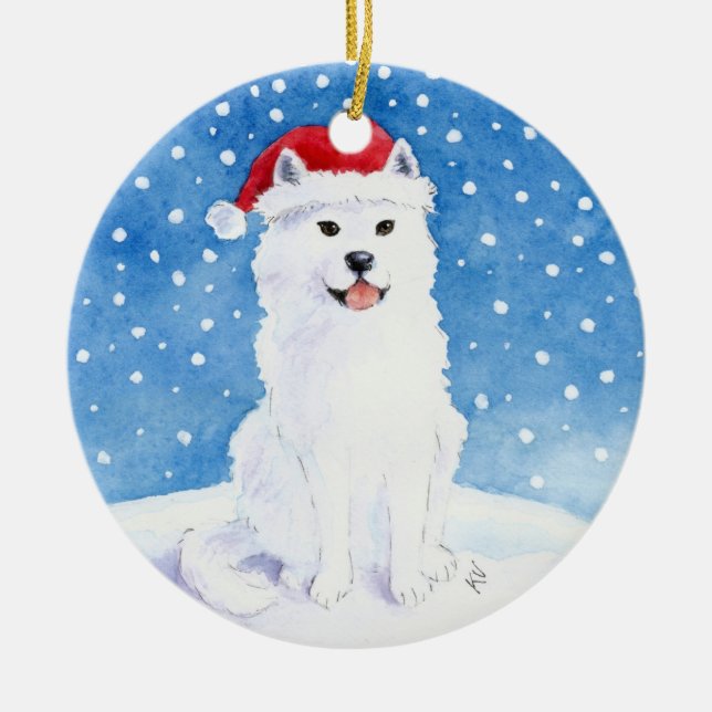 Samoyed-Hund in der Weihnachtsmann-Hut Keramikornament (Vorne)